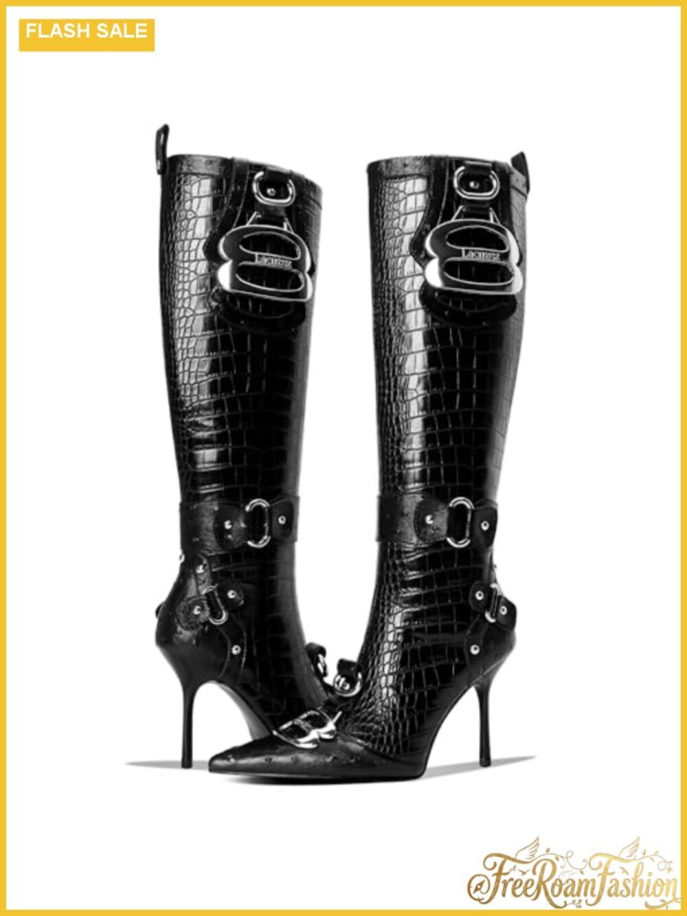 Knee High Faux Leather Crocodile Boots Pointed Stiletto Heel Buckle Straps